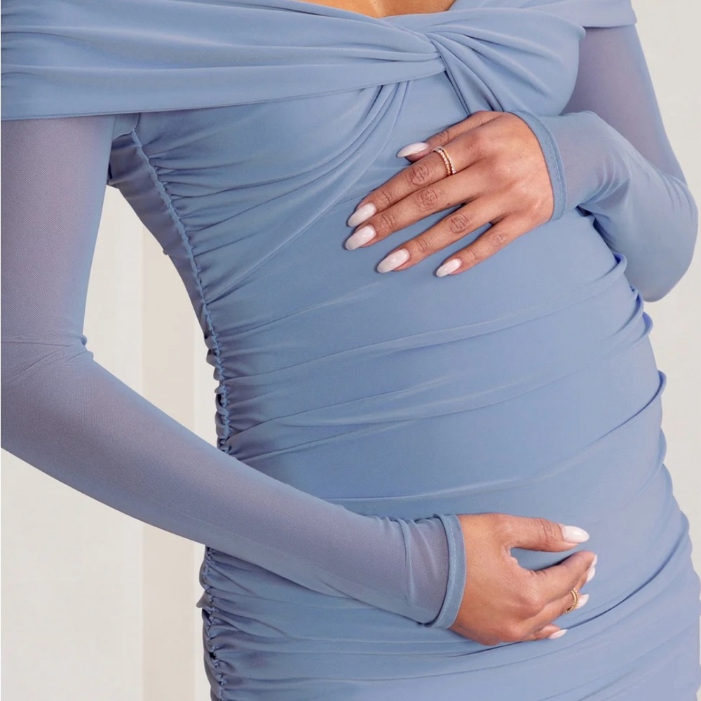 POWDER BLUE BARDOT TWIST MATERNITY MIDI DRESS